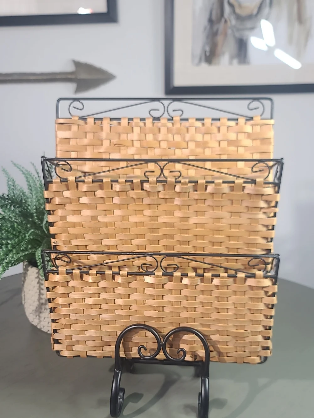 Woven Basket Organizer with Black Metal Accents